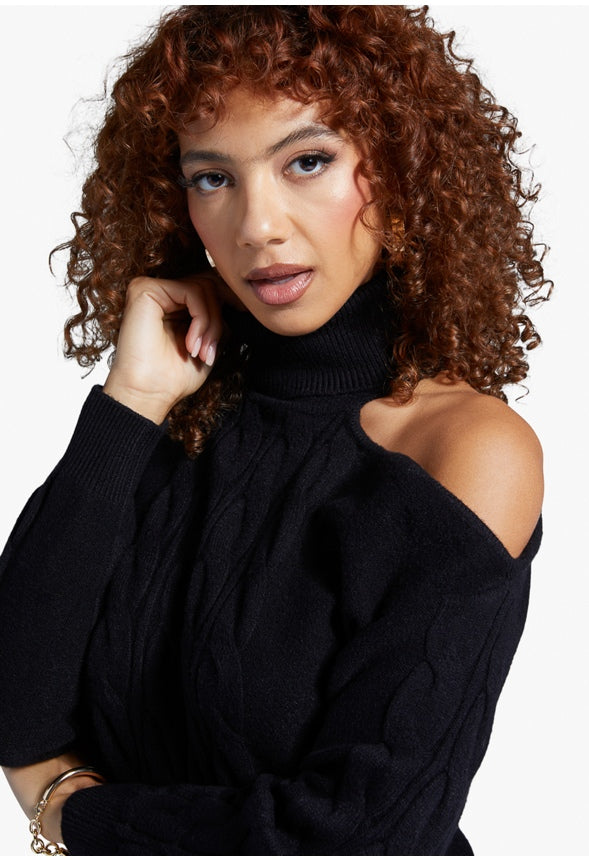 ONE SHOULDER CABLE SWEATER Caviar