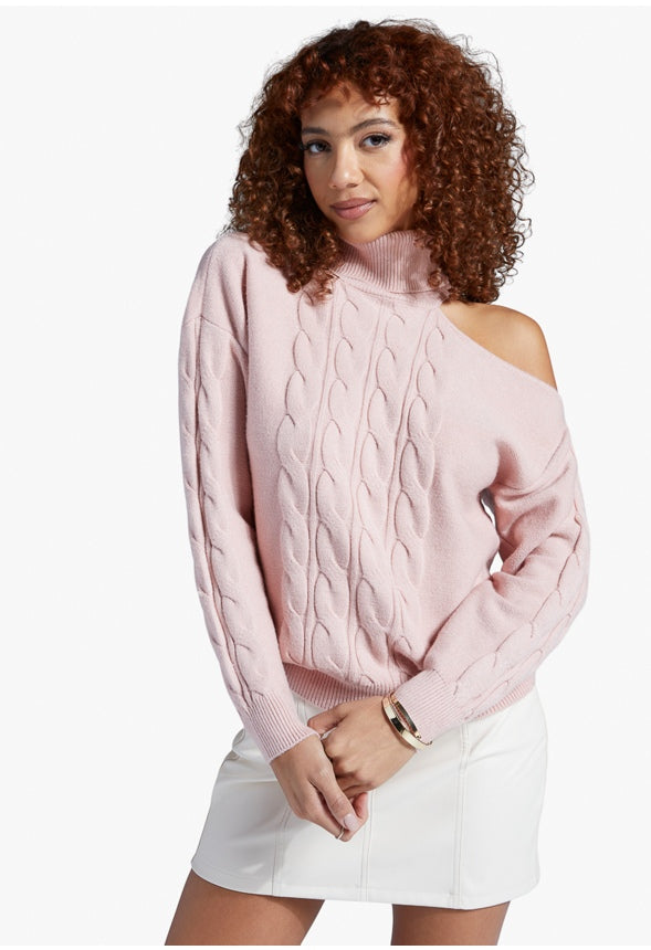 ONE SHOULDER CABLE SWEATER Crystal Pink