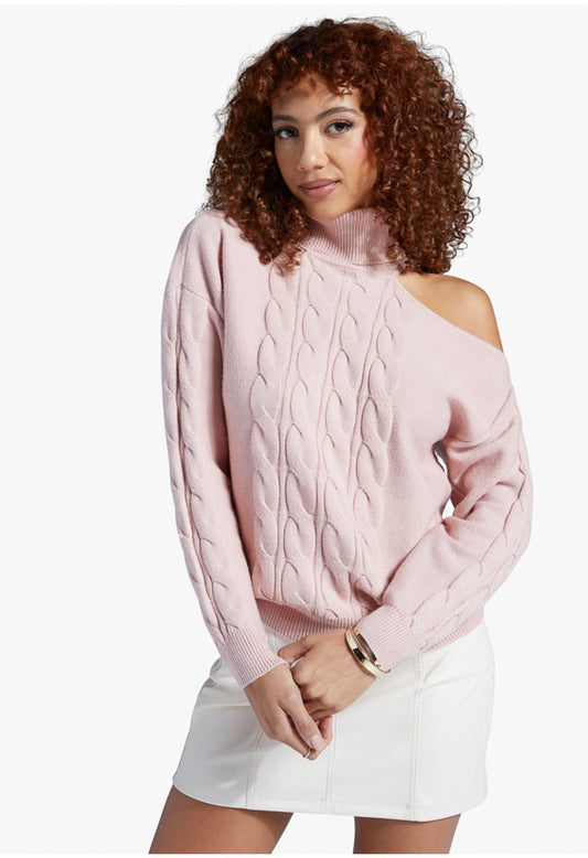 ONE SHOULDER CABLE SWEATER Crystal Pink