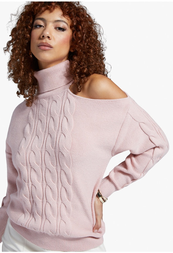 ONE SHOULDER CABLE SWEATER Crystal Pink