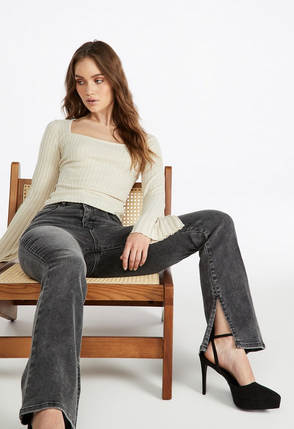 Flare Sleeve Square Neck Sweater Marshmallow White