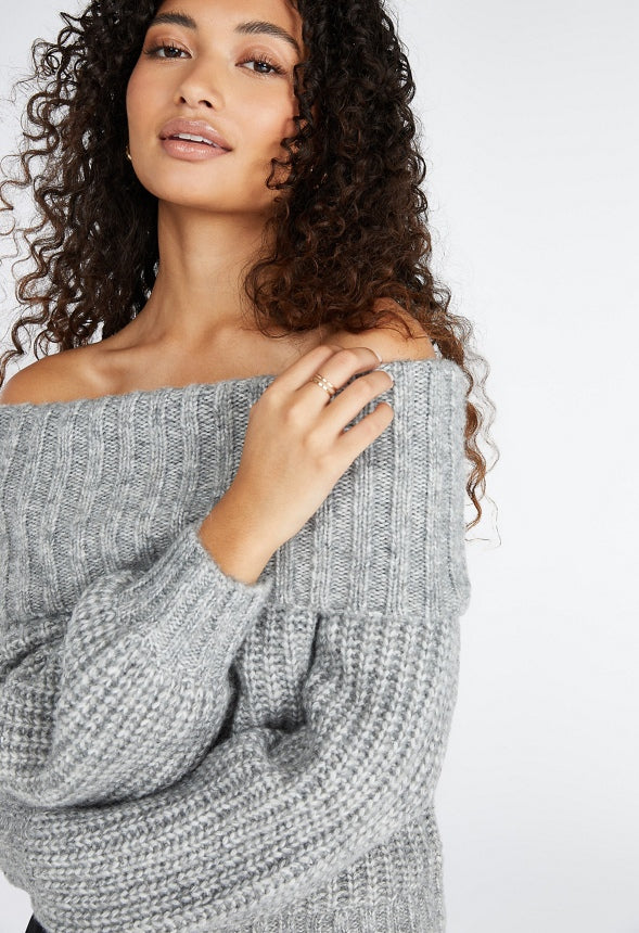 Off The Shoulder Cozy Sweater Charcoal Heather