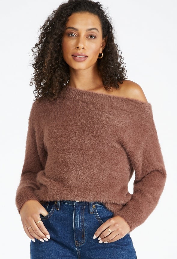 Fuzzy Off Shoulder Sweater Coffee