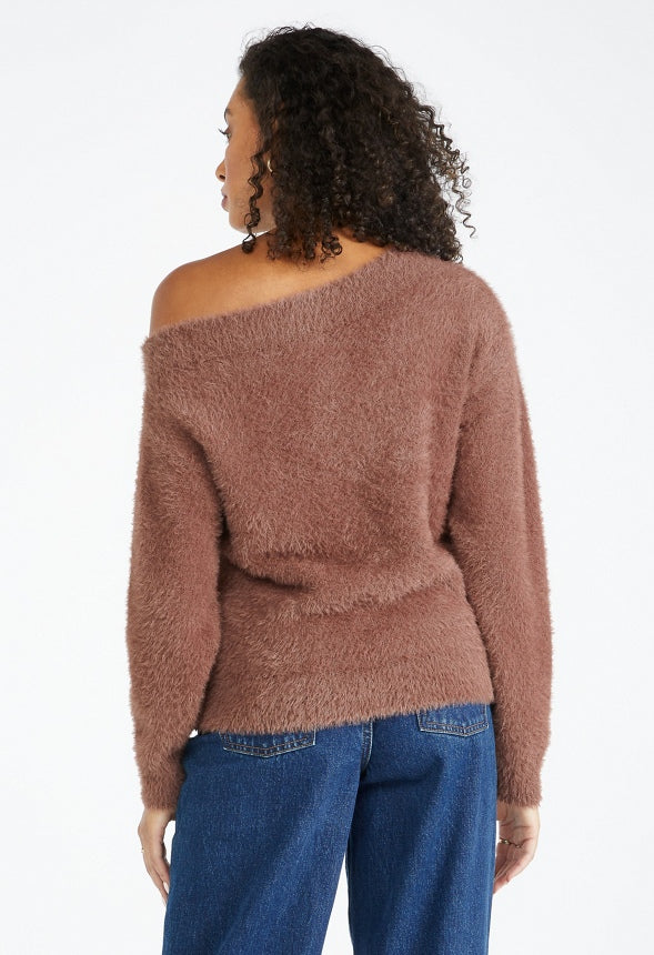 Fuzzy Off Shoulder Sweater Coffee