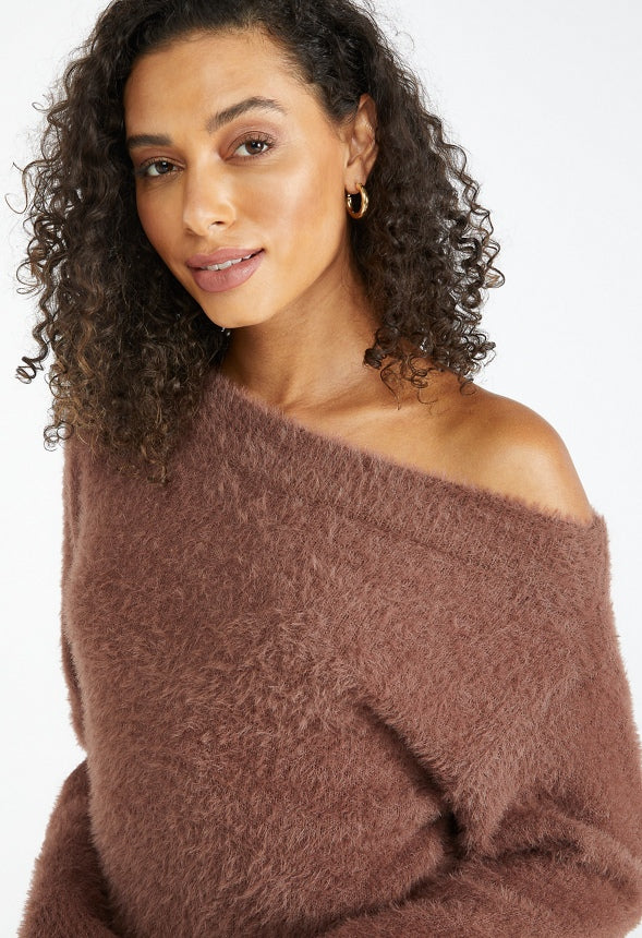 Fuzzy Off Shoulder Sweater Coffee