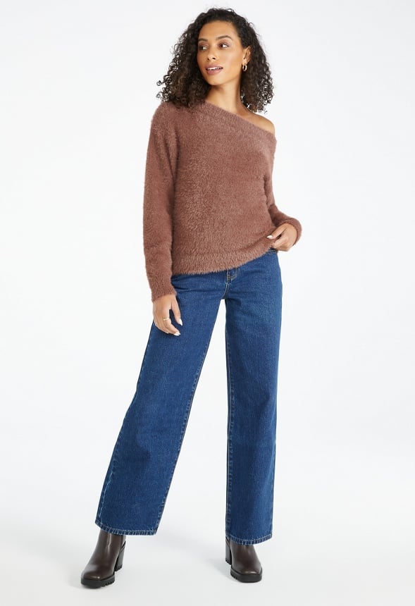 Fuzzy Off Shoulder Sweater Coffee