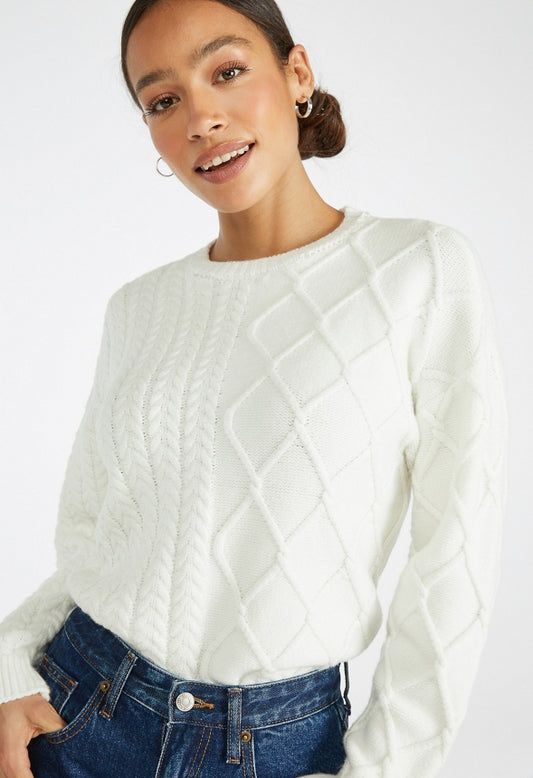 Contrast Cable Crewneck Sweater Bright White