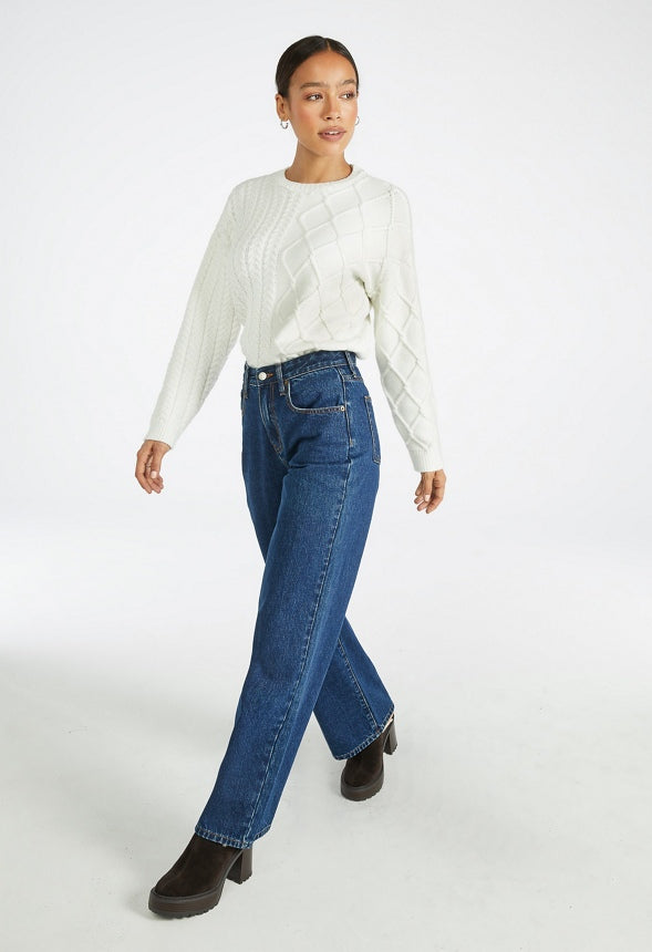 Contrast Cable Crewneck Sweater Bright White
