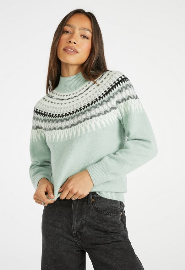 Fairisle Funnel Neck Sweater Frosty Green Multi