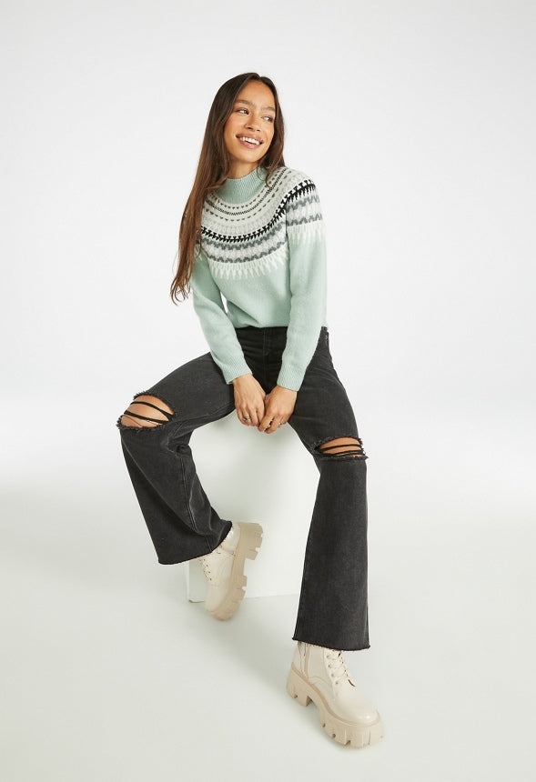 Fairisle Funnel Neck Sweater Frosty Green Multi