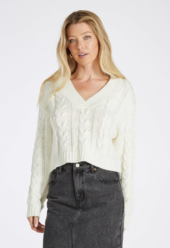Boxy Crop Cable V-Neck Sweater Marshmallow White