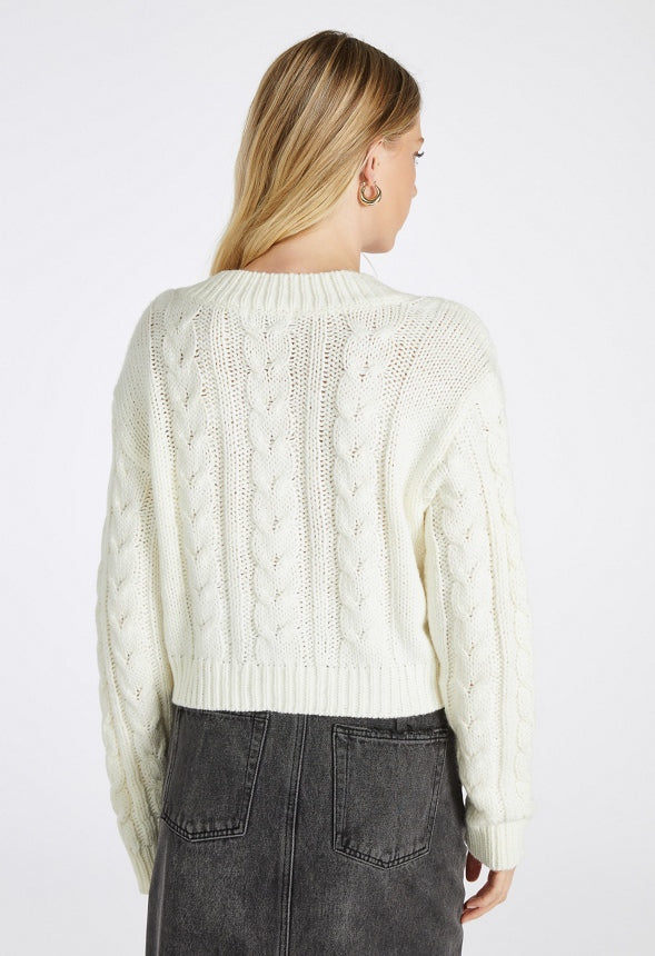 Boxy Crop Cable V-Neck Sweater Marshmallow White