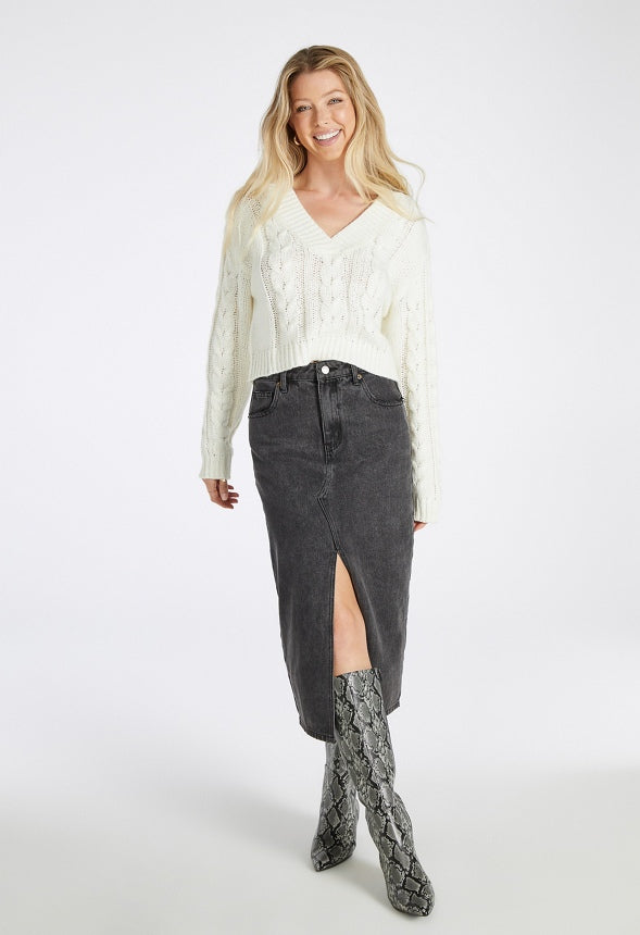Boxy Crop Cable V-Neck Sweater Marshmallow White