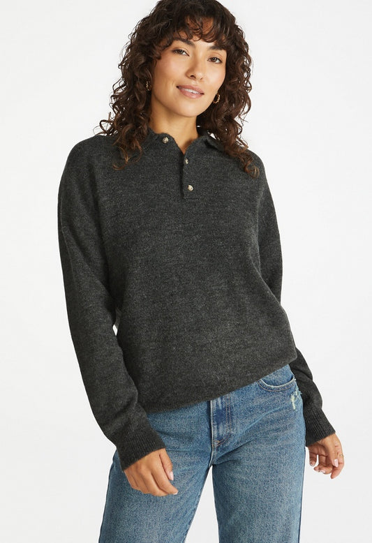Relaxed Polo Henley Sweater Heather Charcoal
