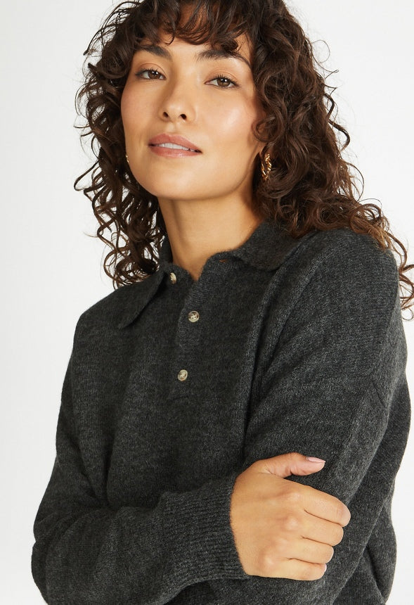 Relaxed Polo Henley Sweater Heather Charcoal