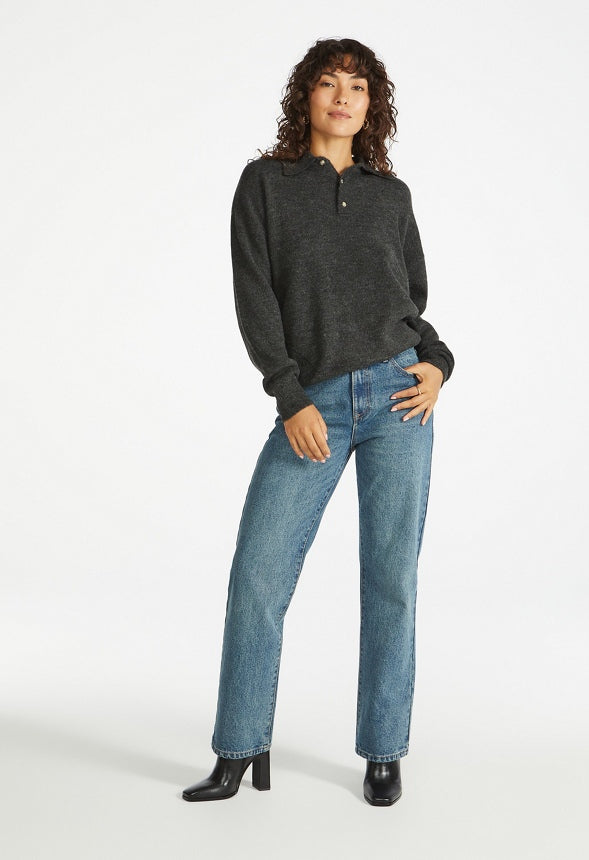 Relaxed Polo Henley Sweater Heather Charcoal