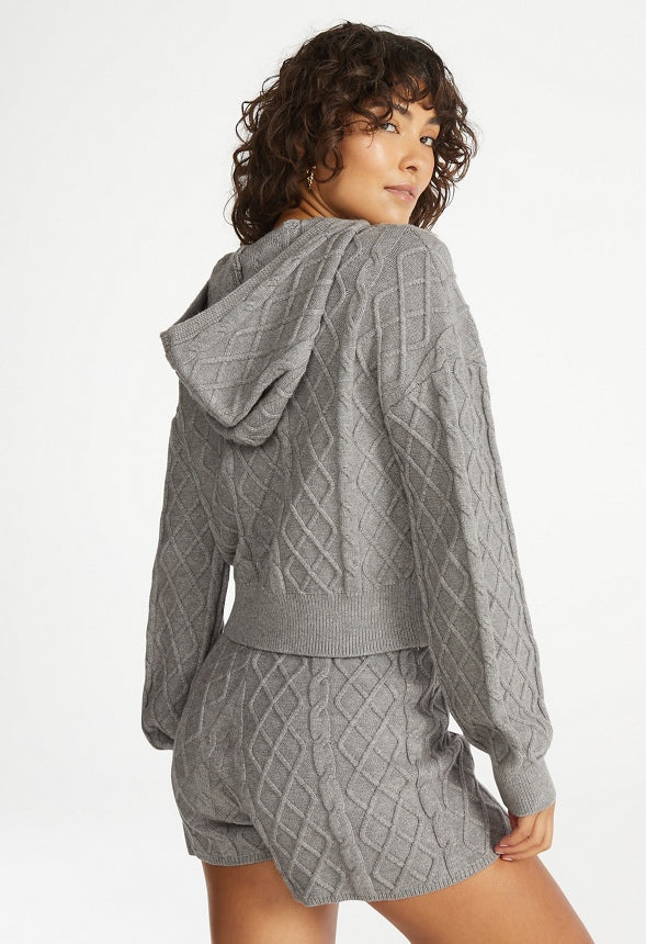 Cable Knit Pullover Hoodie Medium Heather Grey