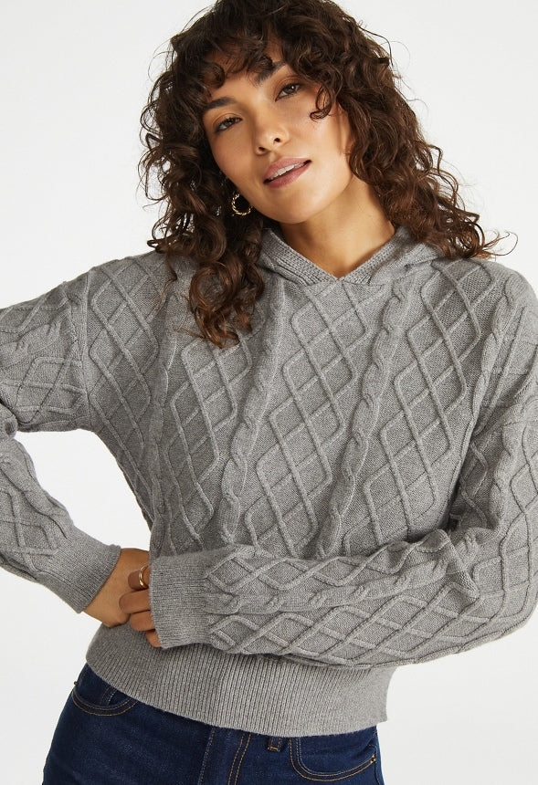 Cable Knit Pullover Hoodie Medium Heather Grey