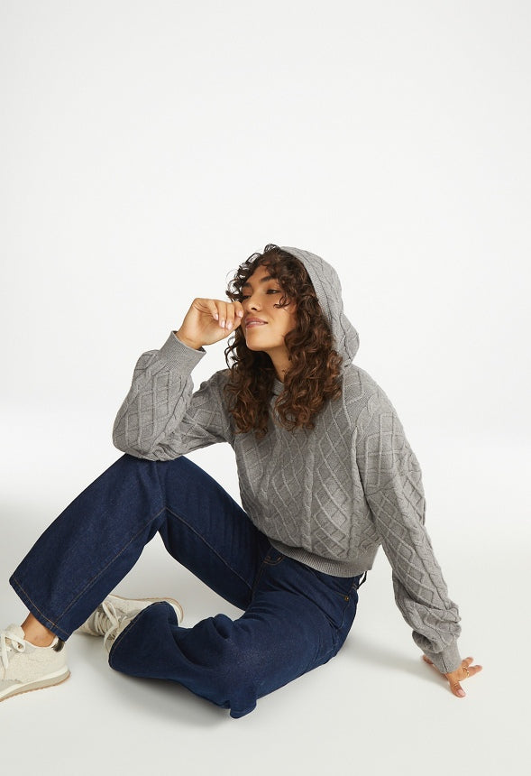 Cable Knit Pullover Hoodie Medium Heather Grey