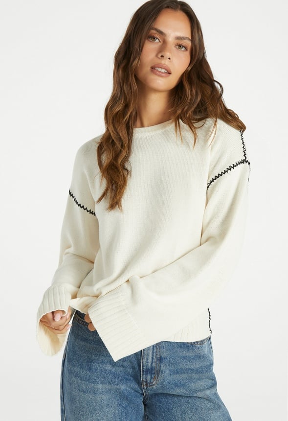 Whipstitch Pullover Sweater Birch White/ Black Caviar