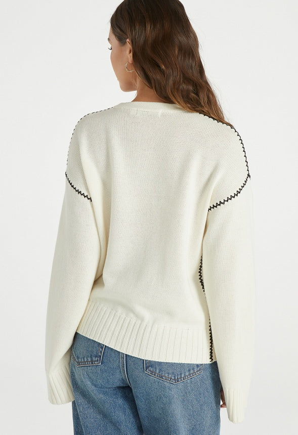 Whipstitch Pullover Sweater Birch White/ Black Caviar