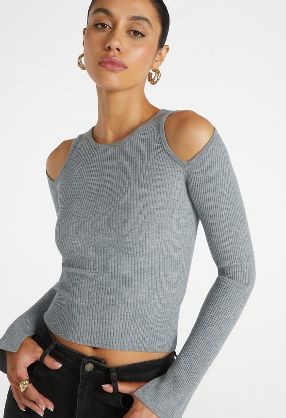 Cutout Cold Shoulder Long Sleeve Top Medium Heather Grey