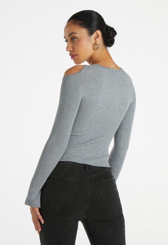 Cutout Cold Shoulder Long Sleeve Top Medium Heather Grey