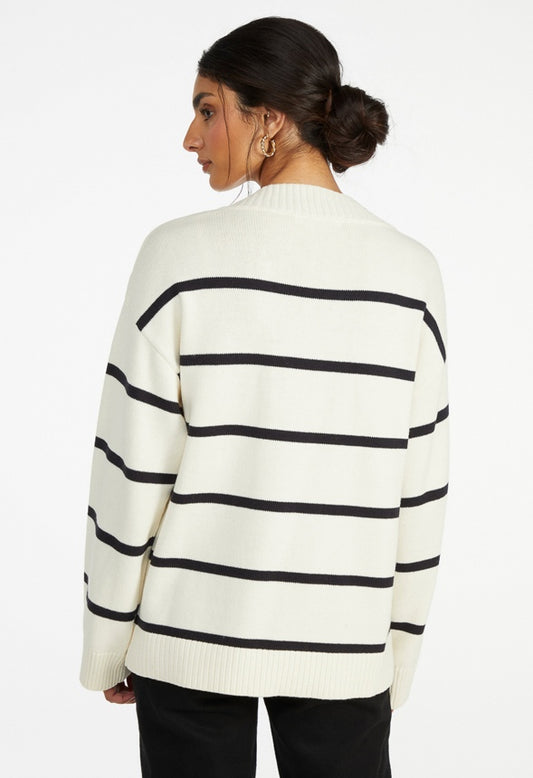 Oversized V-Neck Sweater Egret/ Black Caviar Stripe