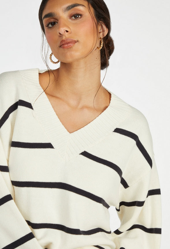 Oversized V-Neck Sweater Egret/ Black Caviar Stripe