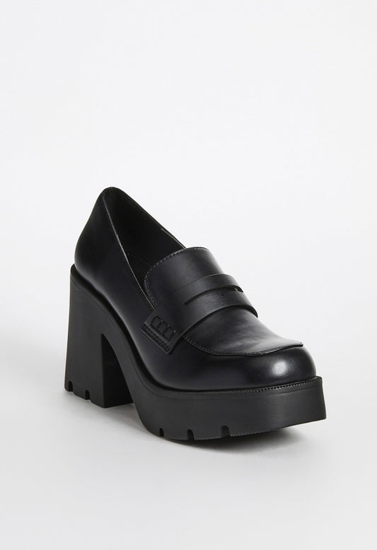 Cher Heeled Lug Sole Loafer Black Caviar