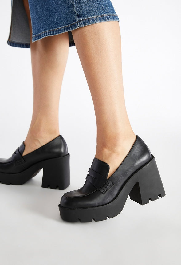 Cher Heeled Lug Sole Loafer Black Caviar