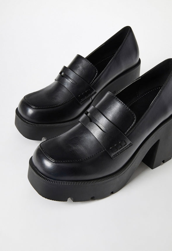 Cher Heeled Lug Sole Loafer Black Caviar