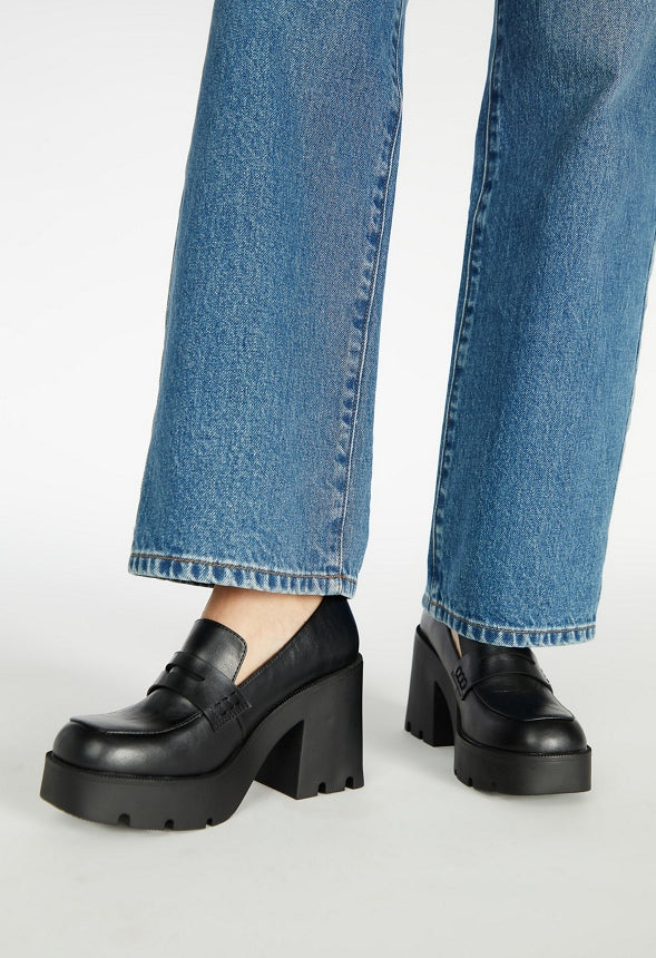 Cher Heeled Lug Sole Loafer Black Caviar