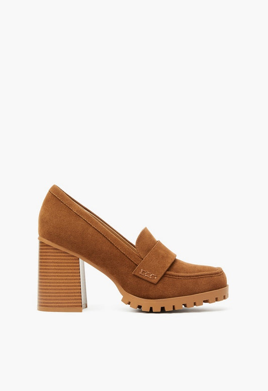 Nora Block Heeled Pump Camel/ Natural Stack
