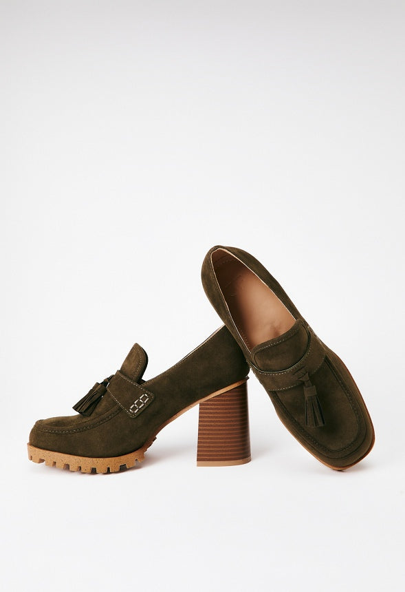 Liliane Heeled Lug Sole Loafer Military Olive