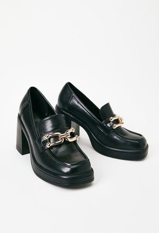 Daria Block Heeled Loafer Pump Black Caviar