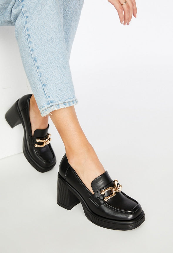 Daria Block Heeled Loafer Pump Black Caviar