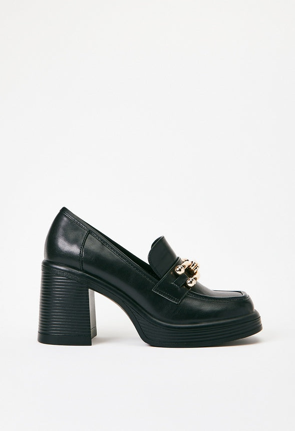 Daria Block Heeled Loafer Pump Black Caviar
