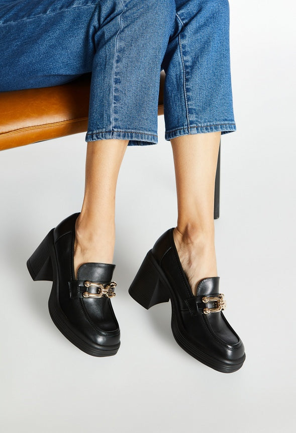 Daria Block Heeled Loafer Pump Black Caviar