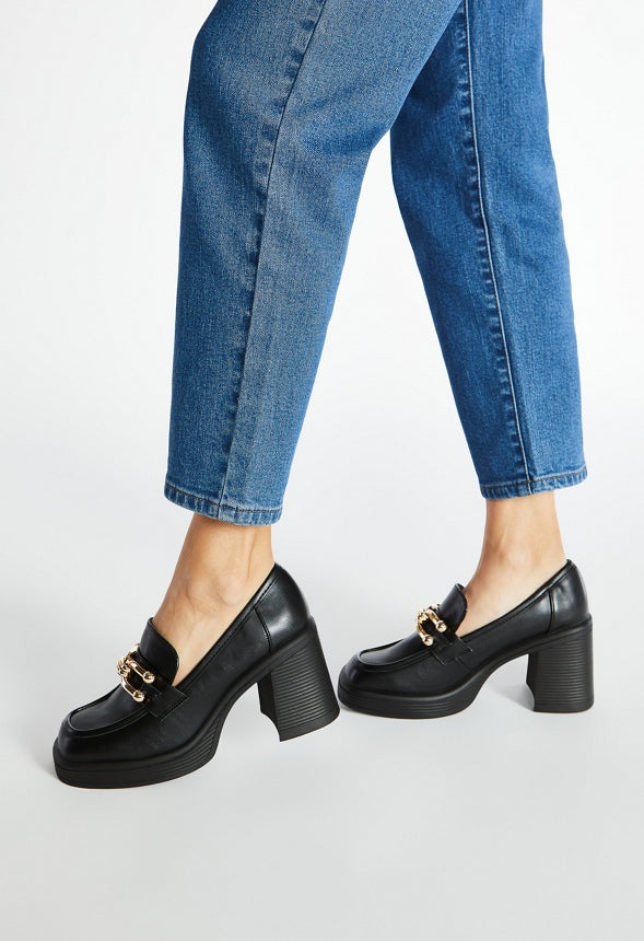 Daria Block Heeled Loafer Pump Black Caviar