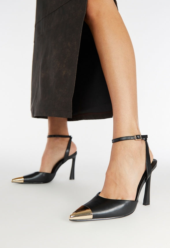 Elaina Ankle Strap Pump Black/ Gold