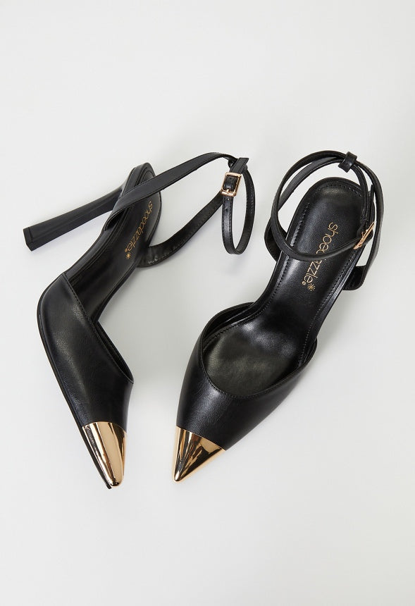 Elaina Ankle Strap Pump Black/ Gold