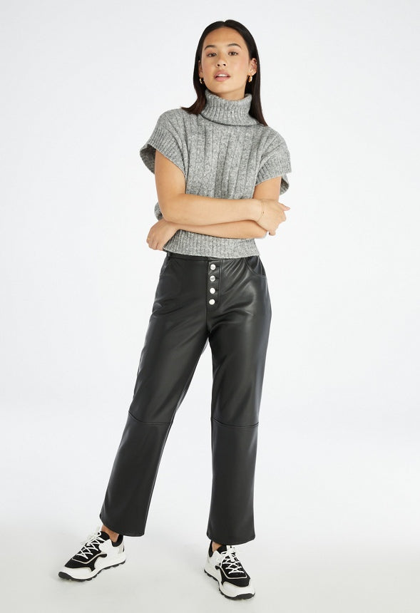 Faux Leather Straight Crop Pant Caviar