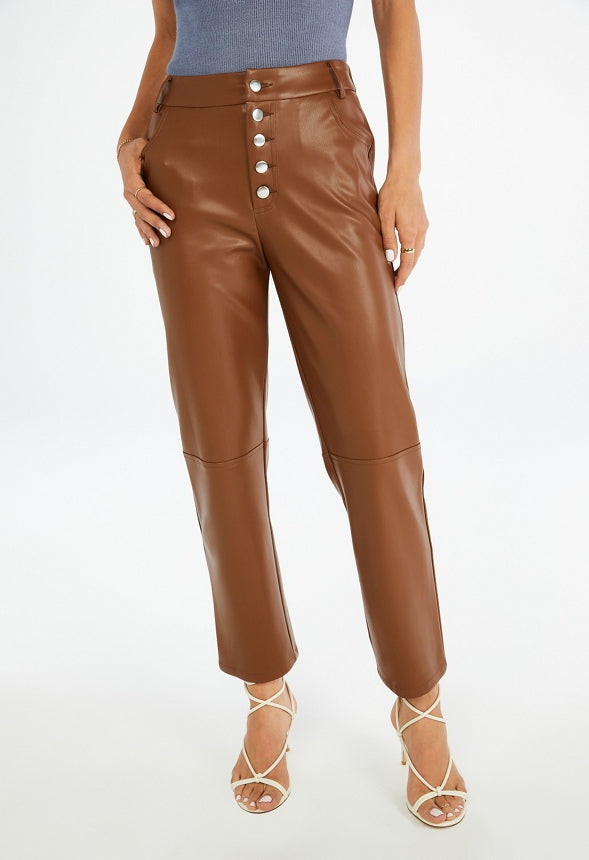 Faux Leather Straight Crop Pant Coffee