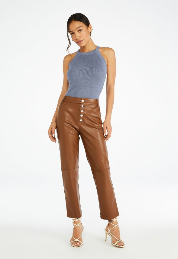 Faux Leather Straight Crop Pant Coffee