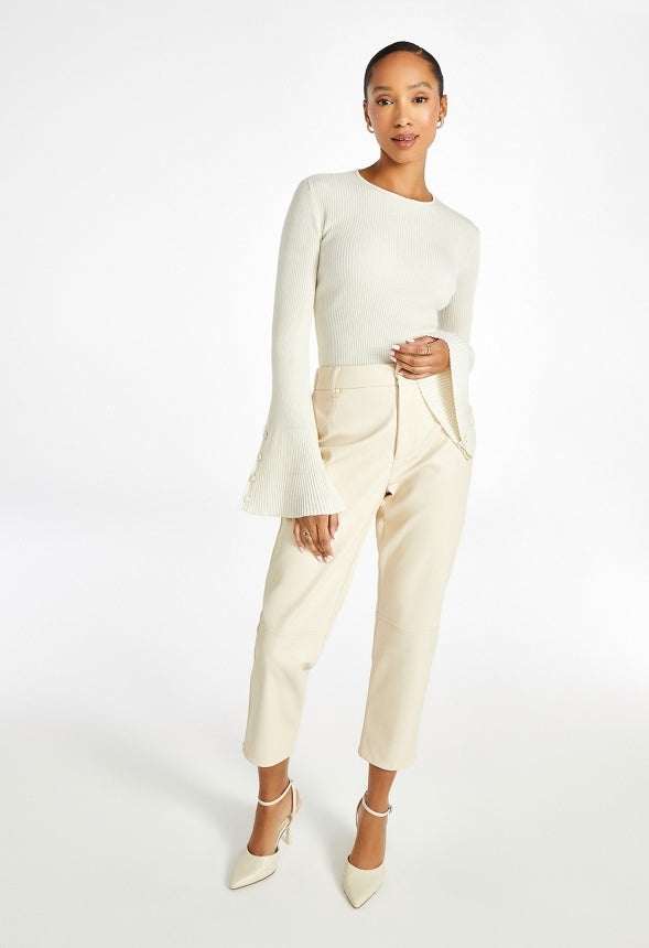 Straight Crop Leather Trousers Birch White