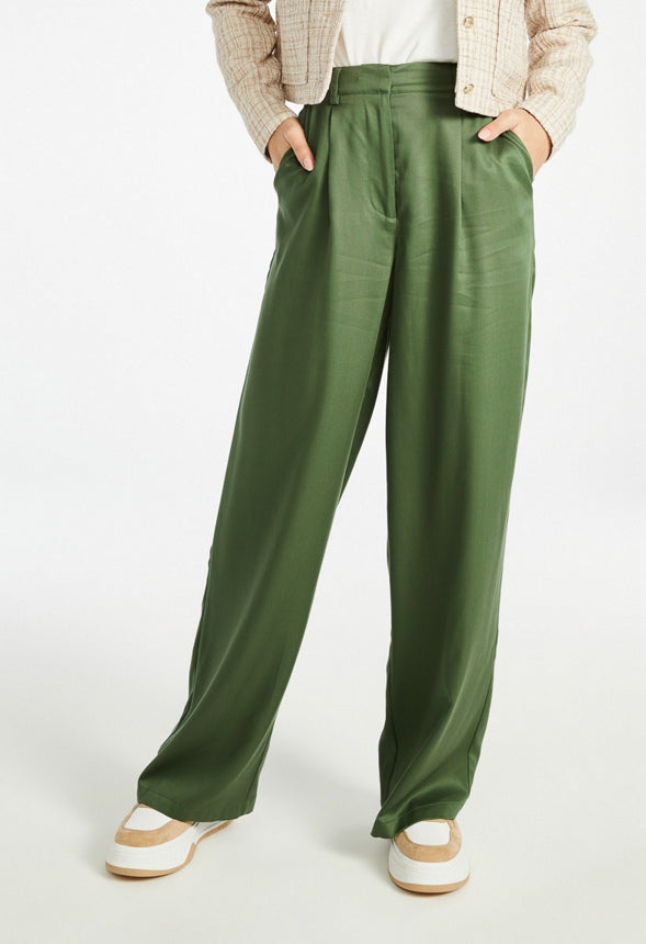 Wide Leg Pleat Front Trousers Bronze Green