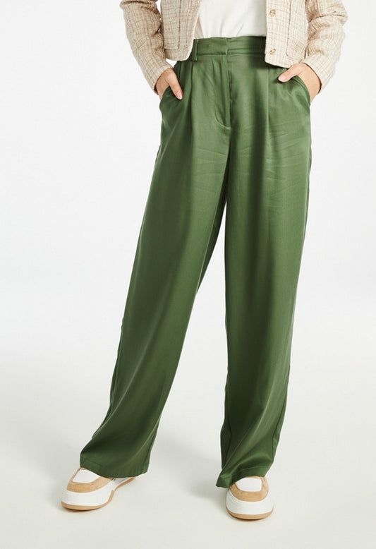 Wide Leg Pleat Front Trousers Bronze Green