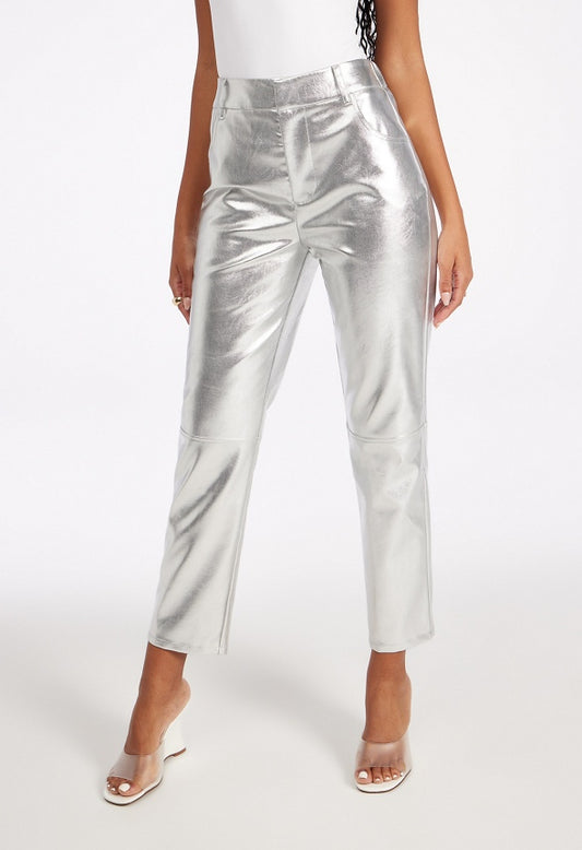 Straight Crop Leather Trousers Metallic Silver