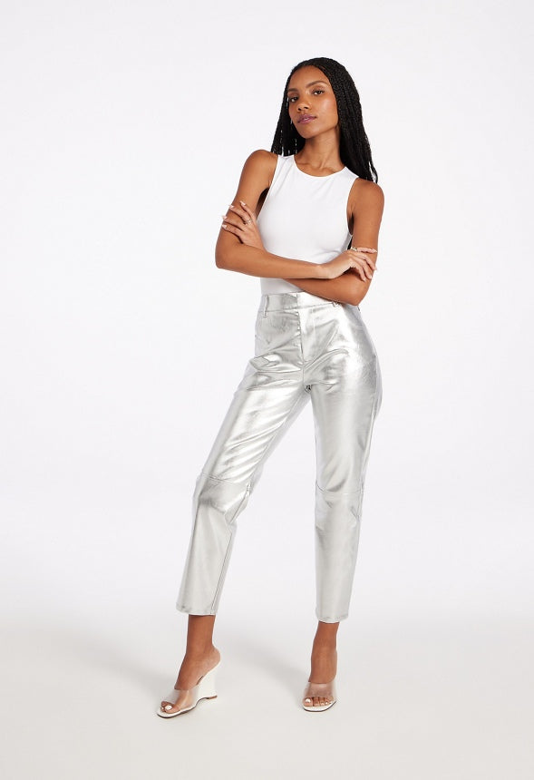 Straight Crop Leather Trousers Metallic Silver